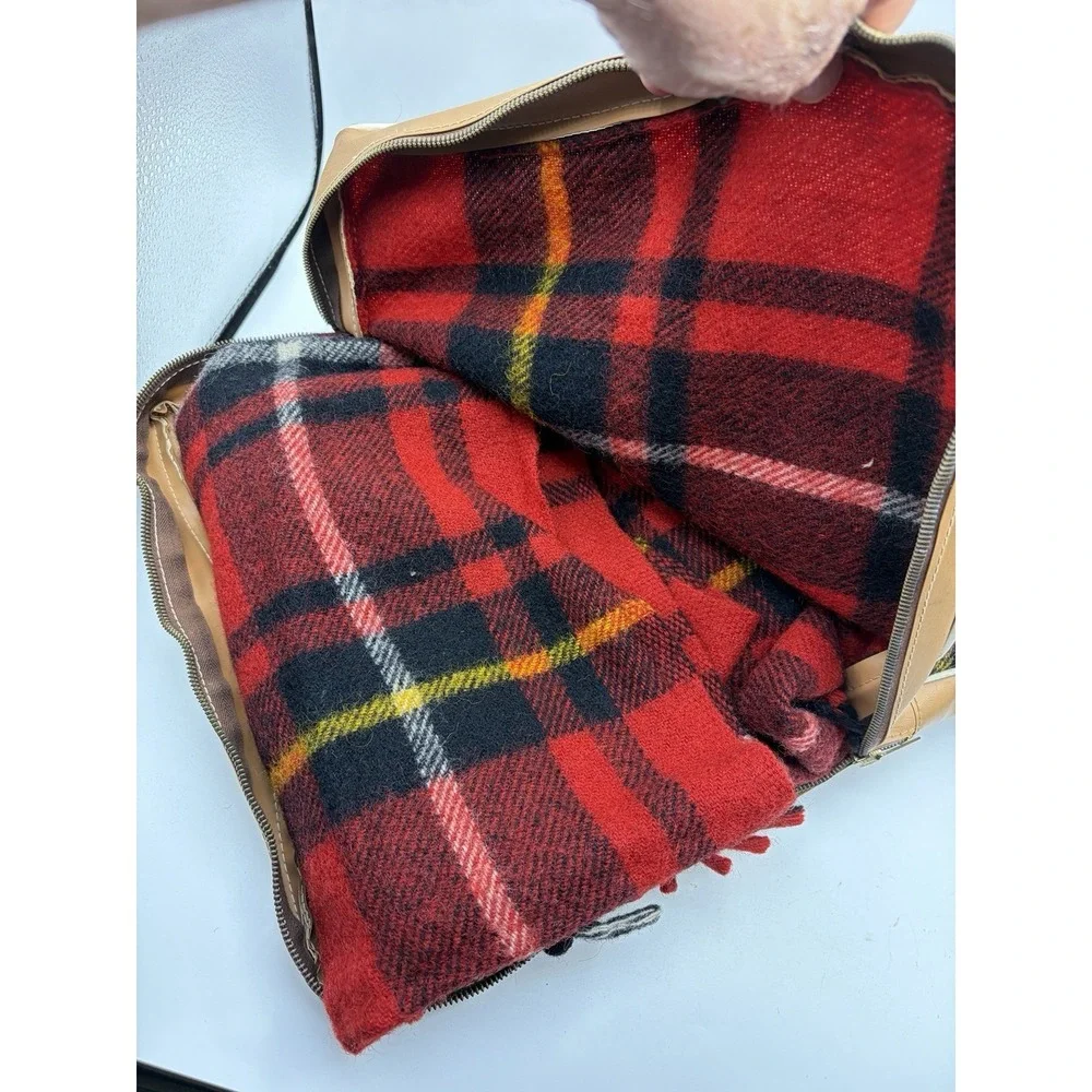 Vintage PAK-A-ROBE Red Plaid Wool Travel Blanket w Carry Case 68x41 Minnesota